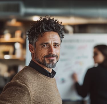 Atlas discussing personal brand statement ideas on a whiteboard with a colleague
