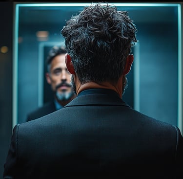 Person looking in mirror seeing a larger confident version of themselves