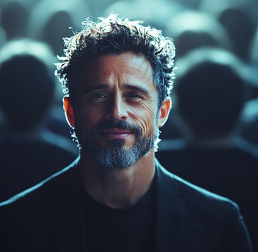 Confident professional standing apart from crowd, symbolizing personal brand leverage