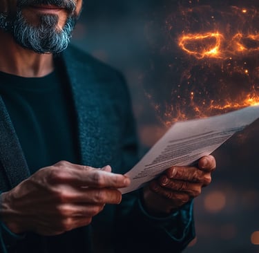 Professional standing beside a glowing digital reputation profile that outweighs a paper resume