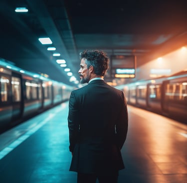Professional standing at a crossroads while opportunities pass by unnoticed