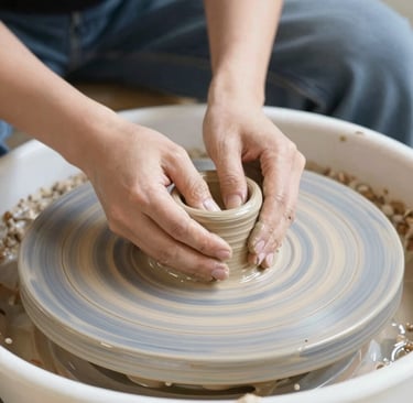 A happy customer shaping clay on a drehton pottery wheel in a bright workshop.