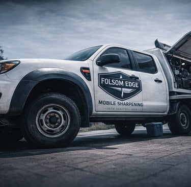 Folsom Edge mobile knife sharpening truck equipped for on-site blade sharpening