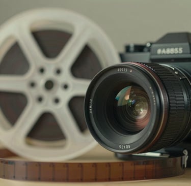 A close-up of a vintage film reel and a modern camera lens, subtly illuminated with #A88B57 light, symbolizing the bridge between classic cinema and contemporary production.