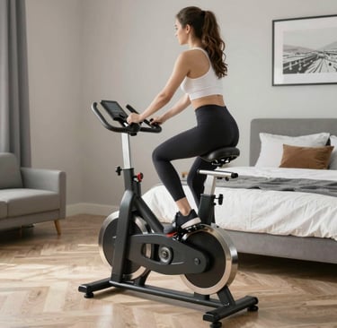 A sleek treadmill set up in a bright, airy living room with natural light streaming through large windows.
