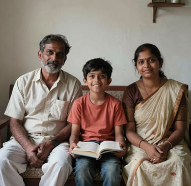A warm, high-quality photograph of a happy South Asian / Indian middle-class family sitting together in a modern, sunlit living room. The lighting is soft and golden, with orange and light yellow accents in the decor, reflecting a sense of hope and unity.