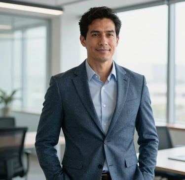 A confident South American male executive in a smart casual outfit, standing in a bright modern office with large windows, looking forward with a slight smile, professional photography.