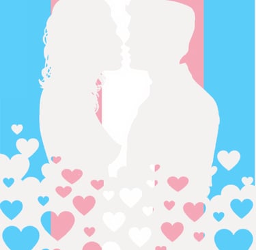 Transgender Pride flag design with a female and male kissing silhouette