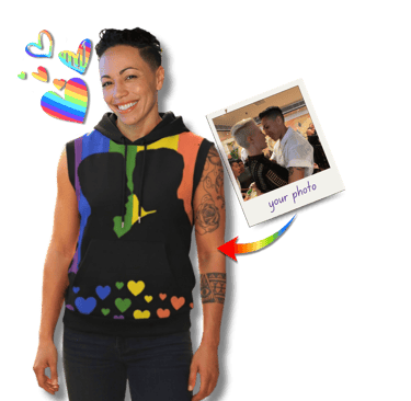 Lesbian model wearing custom photo rainbow pride sleeveless hoodie vest