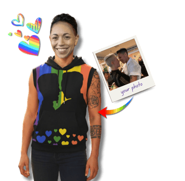 Lesbian model wearing custom photo rainbow pride sleeveless hoodie vest