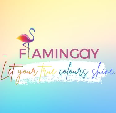 Flamingay logo with tagline let your true colours shine that sell LGBT products