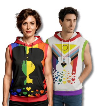 pride sleeveless hoodies with pride flags and gay couples kissing
