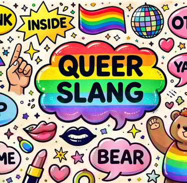 Colourful illustrated queer slang graphic with rainbow pride elements, speech bubbles and LGBT terms in a fun cartoon style.