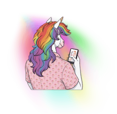 LGBTQIA+ unicorn looking at his phone