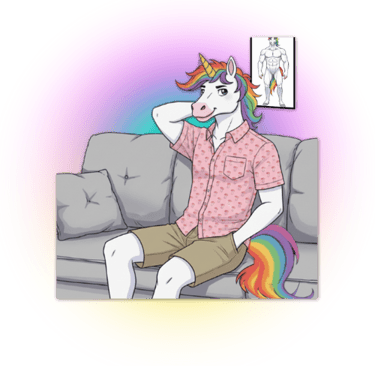 lgbt unicorn with rainbow tail and mane relaxing on sofa