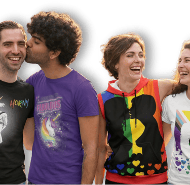 gay and lesbian couple in LGBT pride clothing