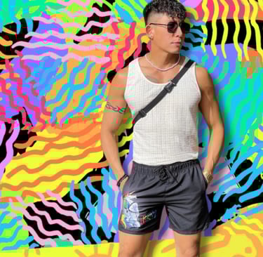 LGBTQIA+ gay swim short with horny unicorn graphic