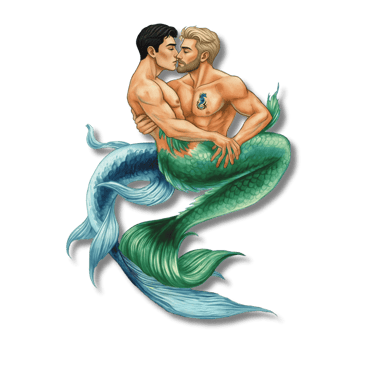 2 mermen embraced in a kiss