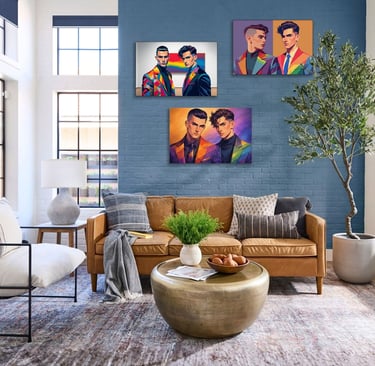 Queer artwork by flamingay canvas prints in 3 fashion pride fashion inspired designs displayed on a wall in a modern home
