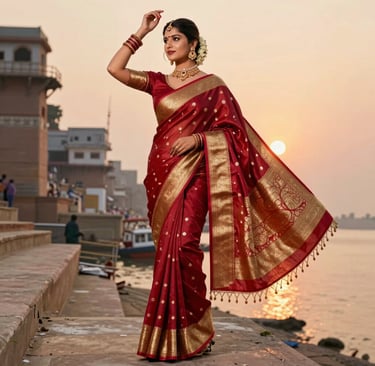 Close-up of a rich maroon Banarasi saree with intricate gold zari work draped elegantly on a mannequin