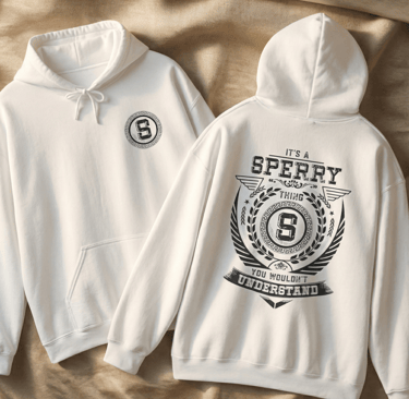Custom white Sperry family name hoodie with a crest logo on the back and front chest.