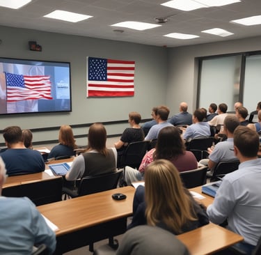 A friendly classroom setting with students attentively listening to an instructor.