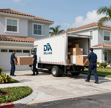 Professional moving truck parked outside a modern house during a sunny day.