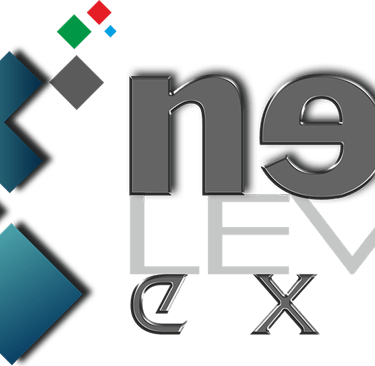Next Level Expo official logo with geometric arrow design in teal and gray