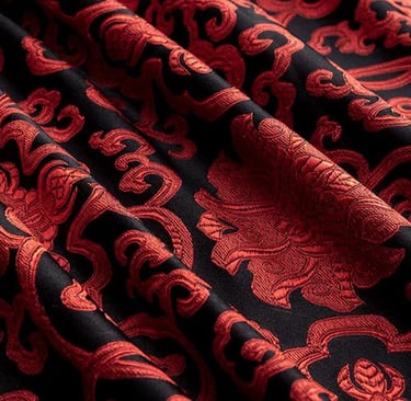 Red and black floral brocade fabric with intricate damask patterns and luxurious texture.