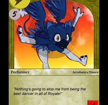A card with a blue gryphon soaring in front of a sunset, yellow frame with card details around it