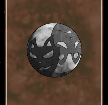 the logo of The Theatre on the back of a card, a circle with two theatre masks with animal ears