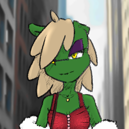 A headshot of an anthropomorphic character with green fur, tan hair and yellow eyes wearing red