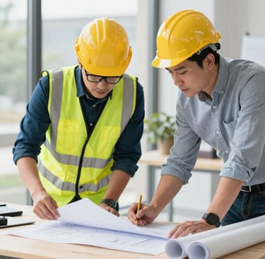 A close-up of architectural plans and blueprints spread out on a table with a hard hat nearby.