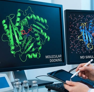 Bioinformatics in-silico molecular docking and molecular simulation analysis displayed on a computer