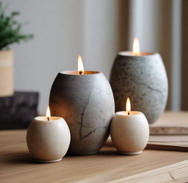 A collection of stone candle vessels arranged artfully.