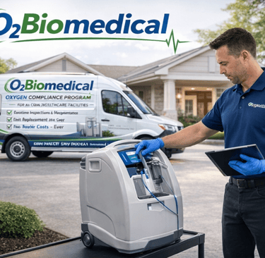 O2Biomedical technician performing oxygen concentrator maintenance at an assisted living facility