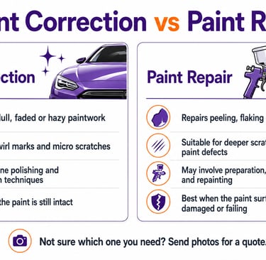 Comparison chart of paint correction versus paint repair for automotive detailing and surface restoration.