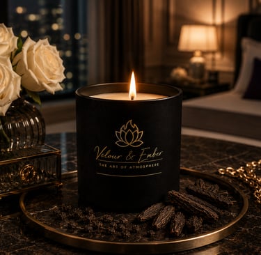 A luxurious Velour & Ember candle glows warmly on a dark marble tray with roses and spices, setting a sophisticated bedroom
