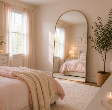 pastel bedroom mirror ideas with large arched mirror reflecting light opposite window