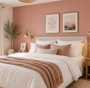 Bedroom with matte blush accent wall behind bed, white bedding, and brass lamp