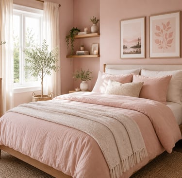 Blush pink bedroom styled with cream, warm white, and natural wood tones