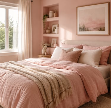 Blush pink bedroom with warm natural light, linen bedding, and wood nightstand