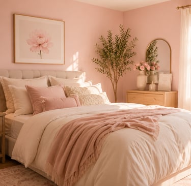 pastel bedroom ideas with blush pink dominant color cream bedding and natural wood