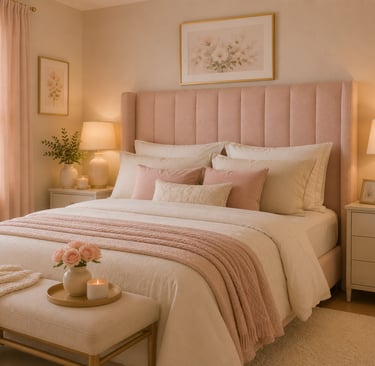 pastel bedroom headboard ideas with tall upholstered blush linen headboard