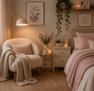 cute bedroom reading corner ideas with bouclé chair and warm floor lamp