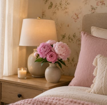 cute bedroom flower ideas with pink peonies in ceramic bud vase on nightstand