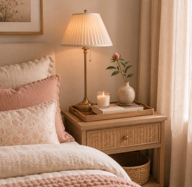 feminine bedroom nightstand styling ideas with brass lamp bud vase and decorative tray