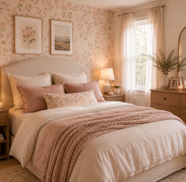 feminine bedroom accent wall ideas with floral wallpaper behind upholstered headboard