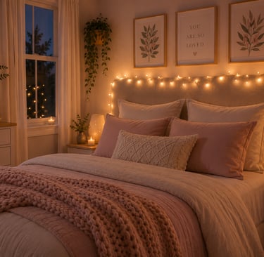 cute bedroom fairy light ideas around headboard with warm white glow