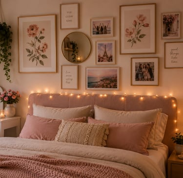 cute bedroom gallery wall ideas with botanical prints gold frames and round mirror